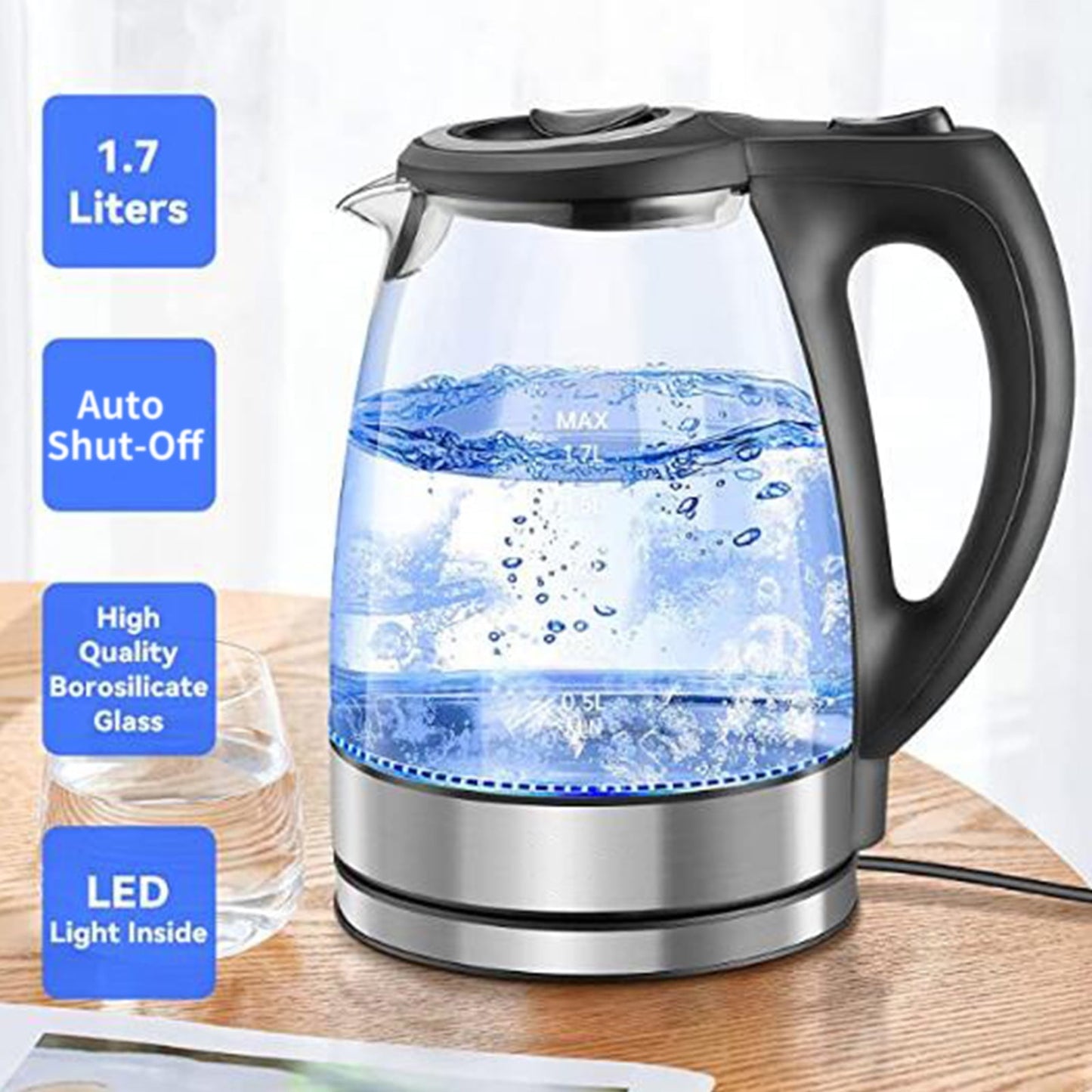 1.7L Electric Kettle 1500W Glass Hot Kettle Fast Heating Electric Tea Kettle Boiler & with Auto Shut-Off