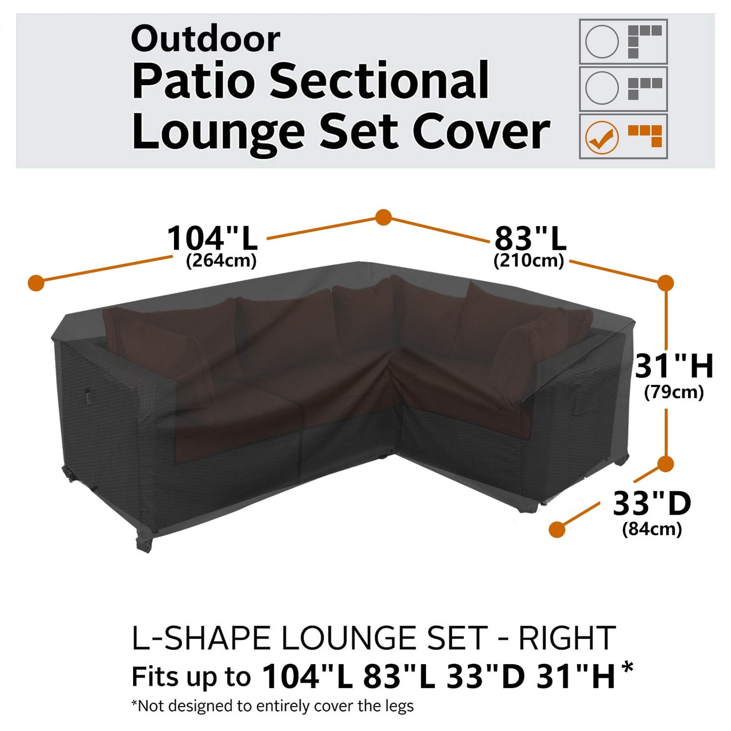 Patio Furniture Cover,Heavy Duty Outdoor Sectional Sofa Cover, 104'X83' Waterproof 600D Patio Sectional Couch Cover, Lawn Patio Furniture Cover(Midnight Black,L-Shaped-Right Facing-104 x83)