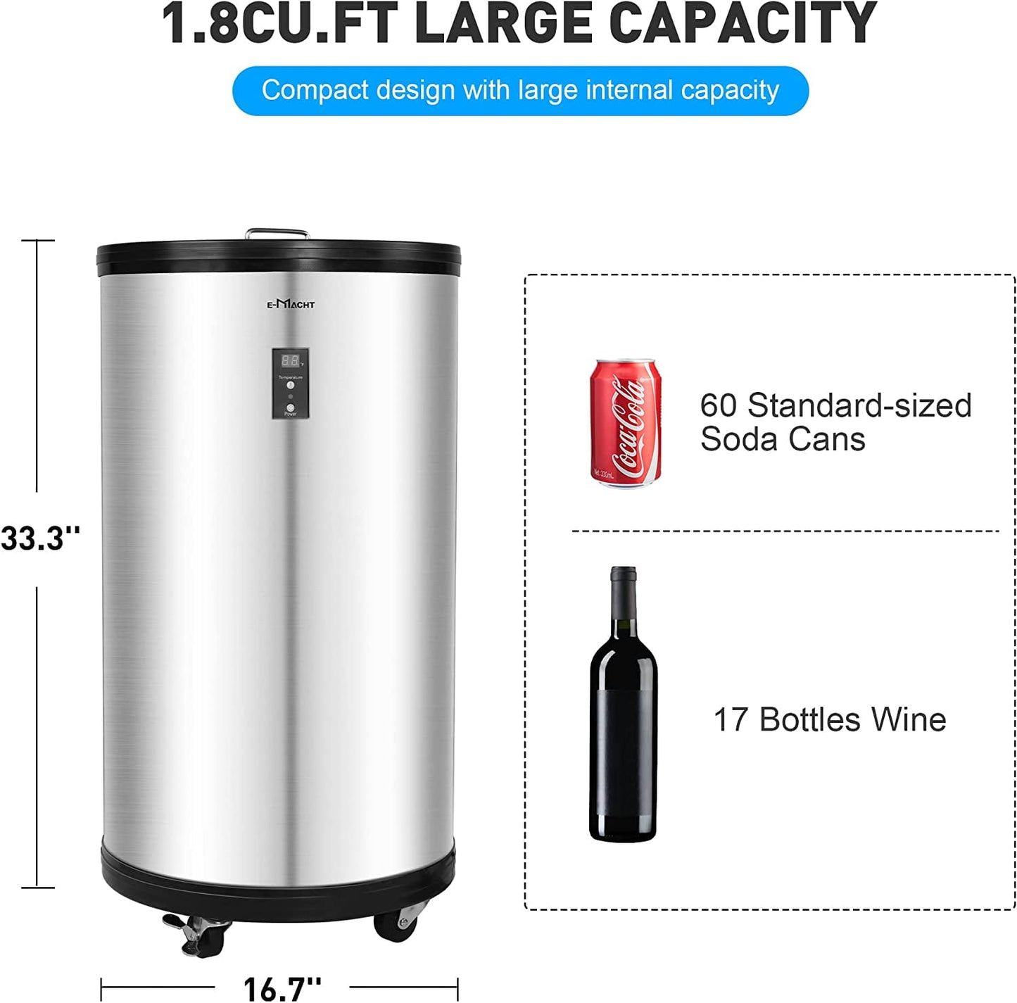 1.8 Cu.ft. Beverage Refrigerator and Cooler, Portable Freestanding Cooler Fridge with 4 Universal Wheels, 2 Removable Baskets, LCD Display for Soda Beer or Wine, Perfect for Home, Bar, Apartment