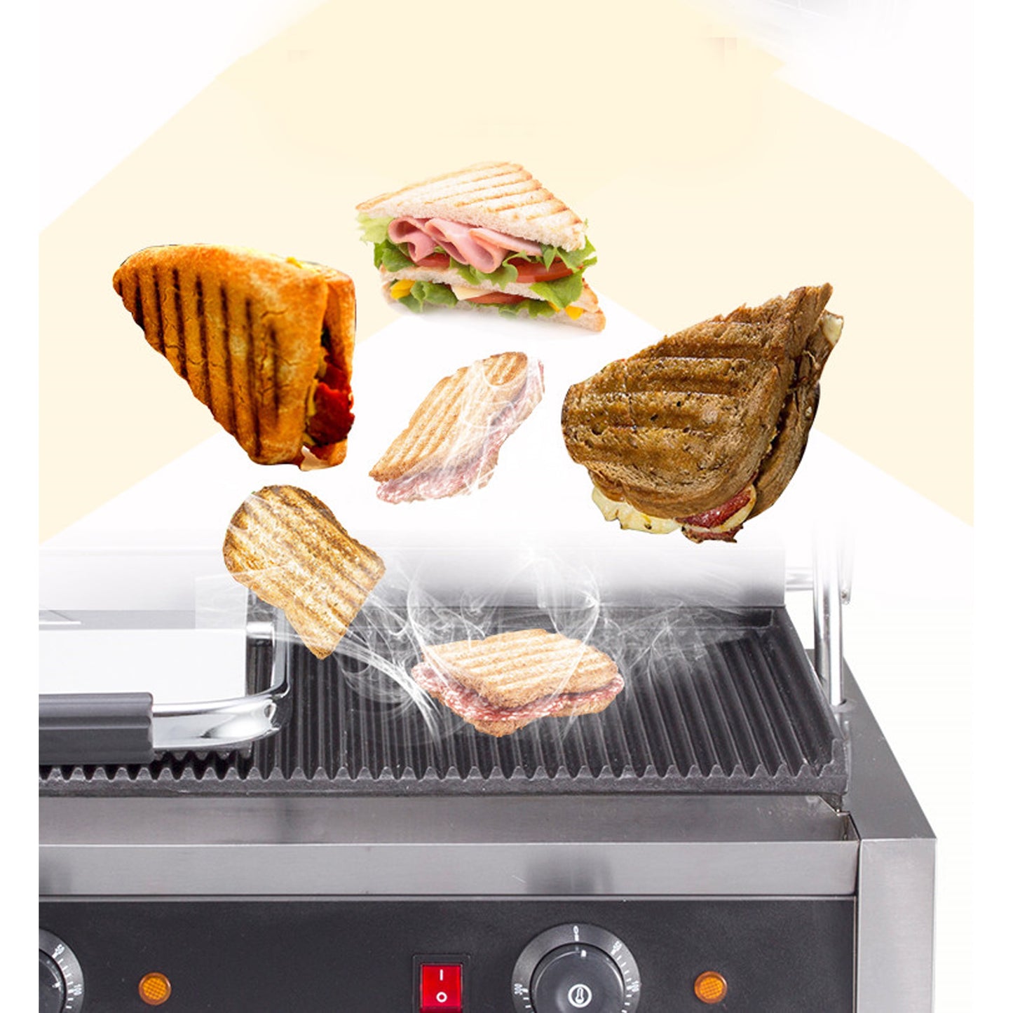 110V Commercial Panini Press with Grooved Grill Sandwich Maker 3600W Machine Electric Gill, Dual Grooved Top