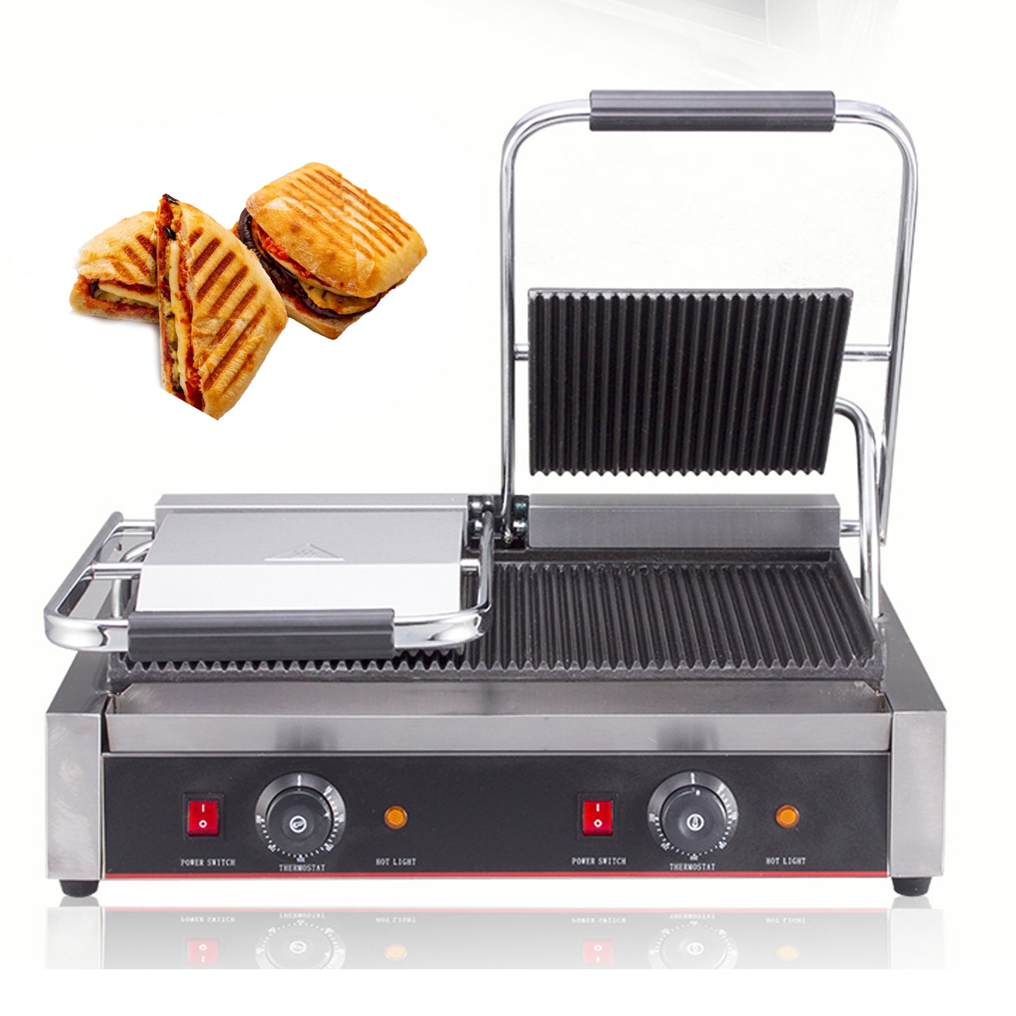 110V Commercial Panini Press with Grooved Grill Sandwich Maker 3600W Machine Electric Gill, Dual Grooved Top