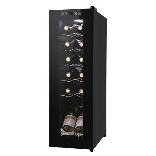 12 Bottle Compressor Wine Cooler Refrigerator, White Red Wine Champagne Fridge Chiller Countertop Wine Cooler, Freestanding Mini Wine Fridge Electronic Wine Cabinet w/Digital Control, Glass Door