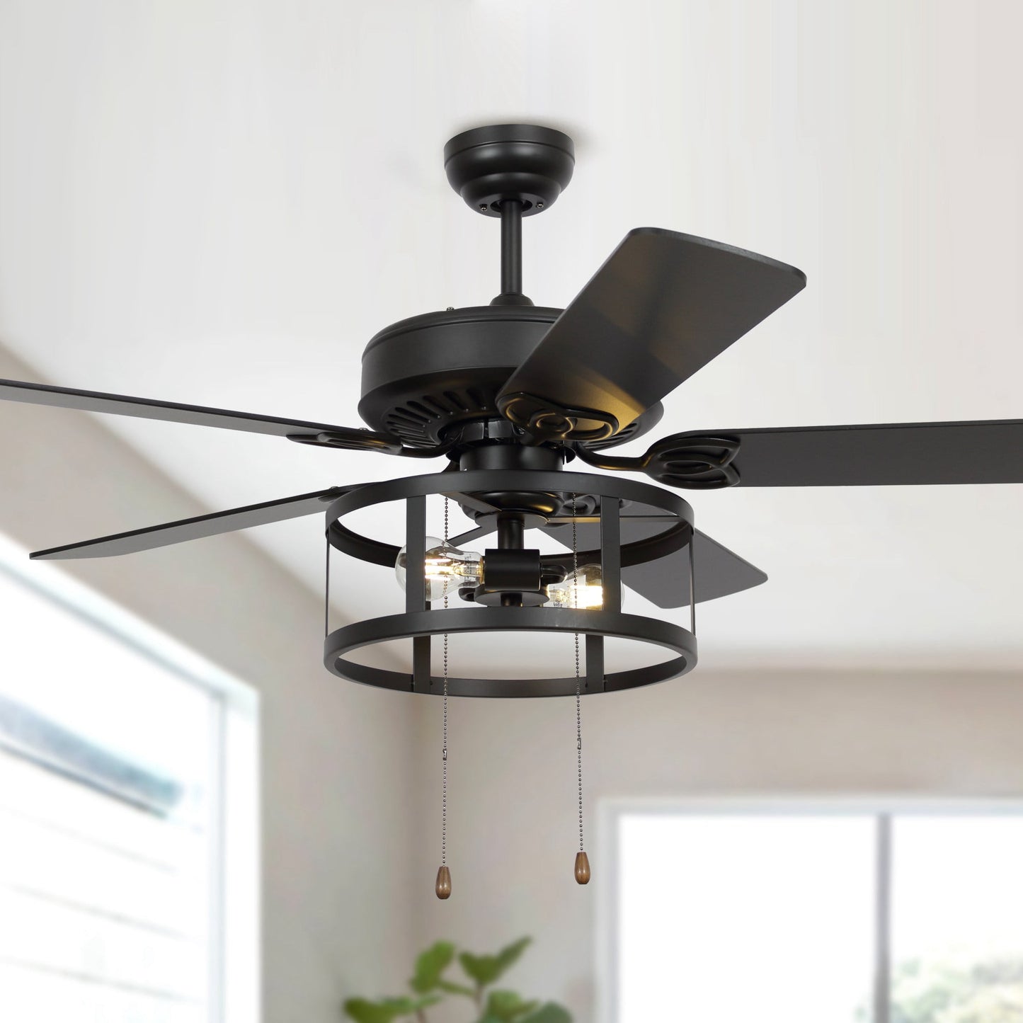 Parrot Uncle Ceiling Fans with Lights and Pull Chain Black Ceiling Fan with Light 52 inch Industrial Indoor Ceiling Fan with Light