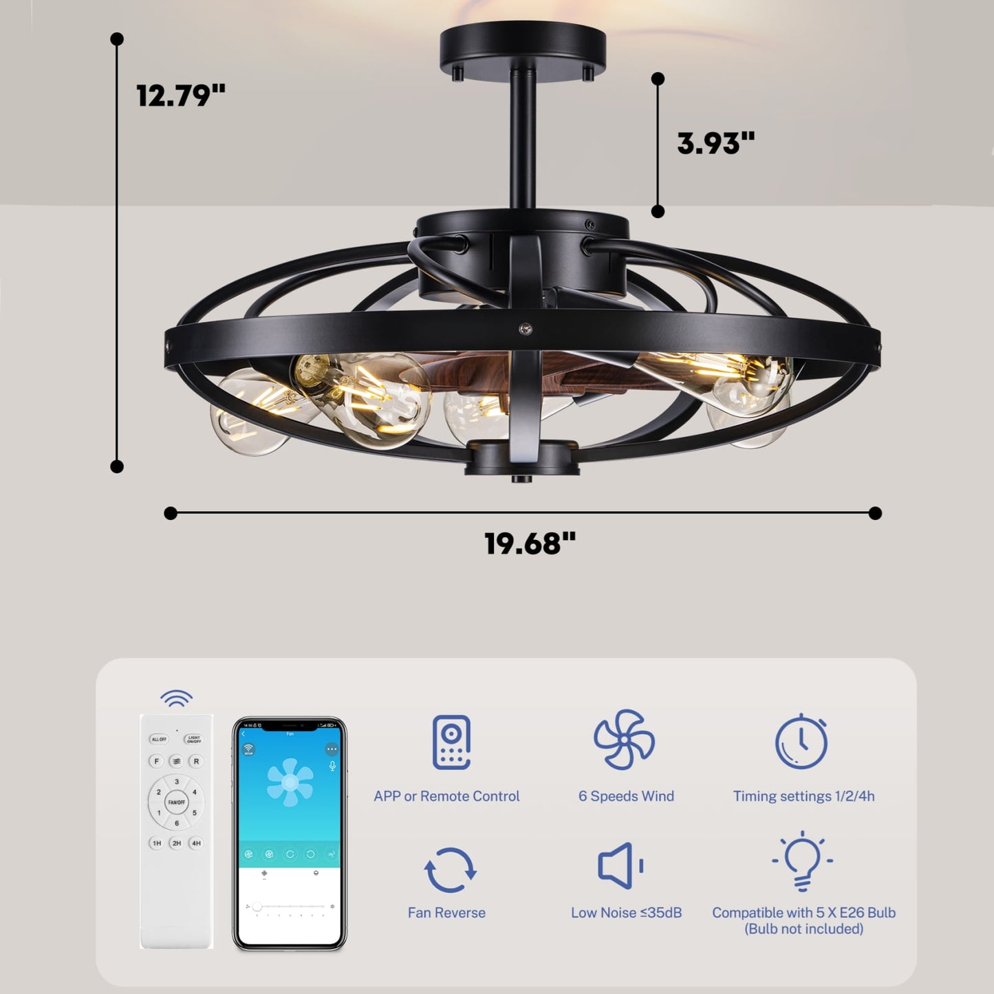 Matte Black Ceiling Fan with Remote Control, 20 inch Industrial Flush Mount Ceiling Fan Light Kit for Yard Bedroom, Living Room, Kitchen, 6 Speeds Adjustable, Timing