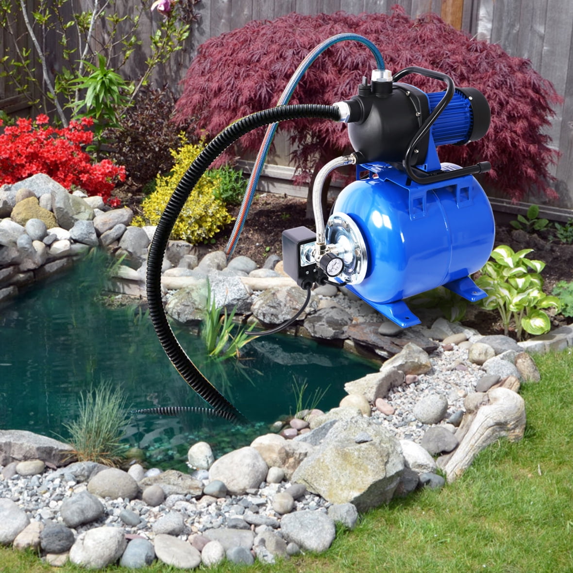 1.6HP Shallow Well Pump, Garden Water Pump with Pressure Tank, Irrigation Pump Automatic Water Booster Pump with Stainless Steel Head for Home Garden Lawn Farm, Blue