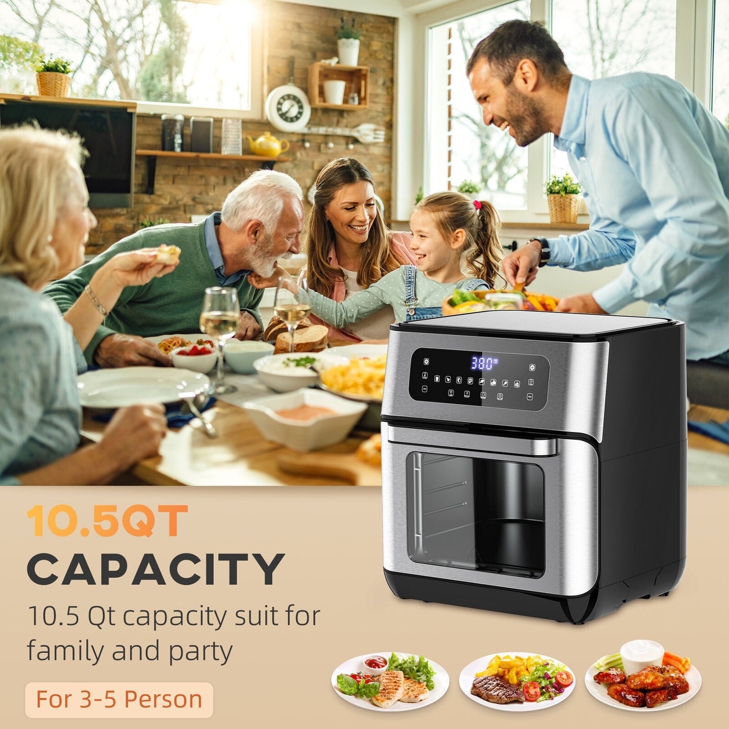 10-Quart Air Fryer, 8 Cooking Modes Functions, Stainless Steel LED Touch Display Countertop Baker Oven