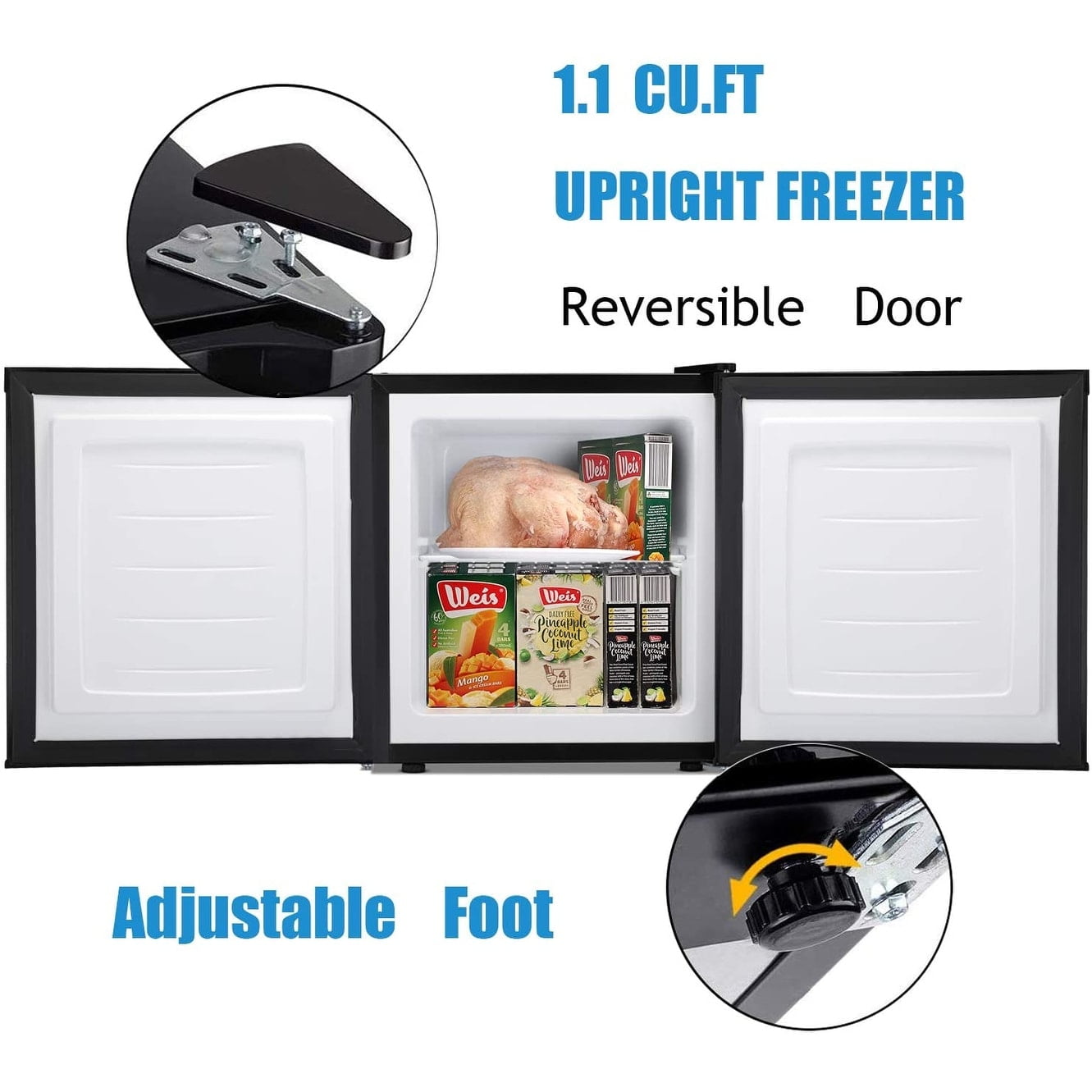 1.1 cu.Compact Upright Freezer Reversible Stainless Steel Door Black