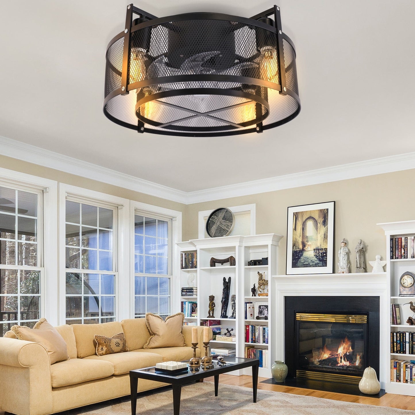 Energetic 16' Industrial Style Caged Ceiling Fan with Lights and Remote Control, 6 Speeds Reversible DC Motor, ETL Listed