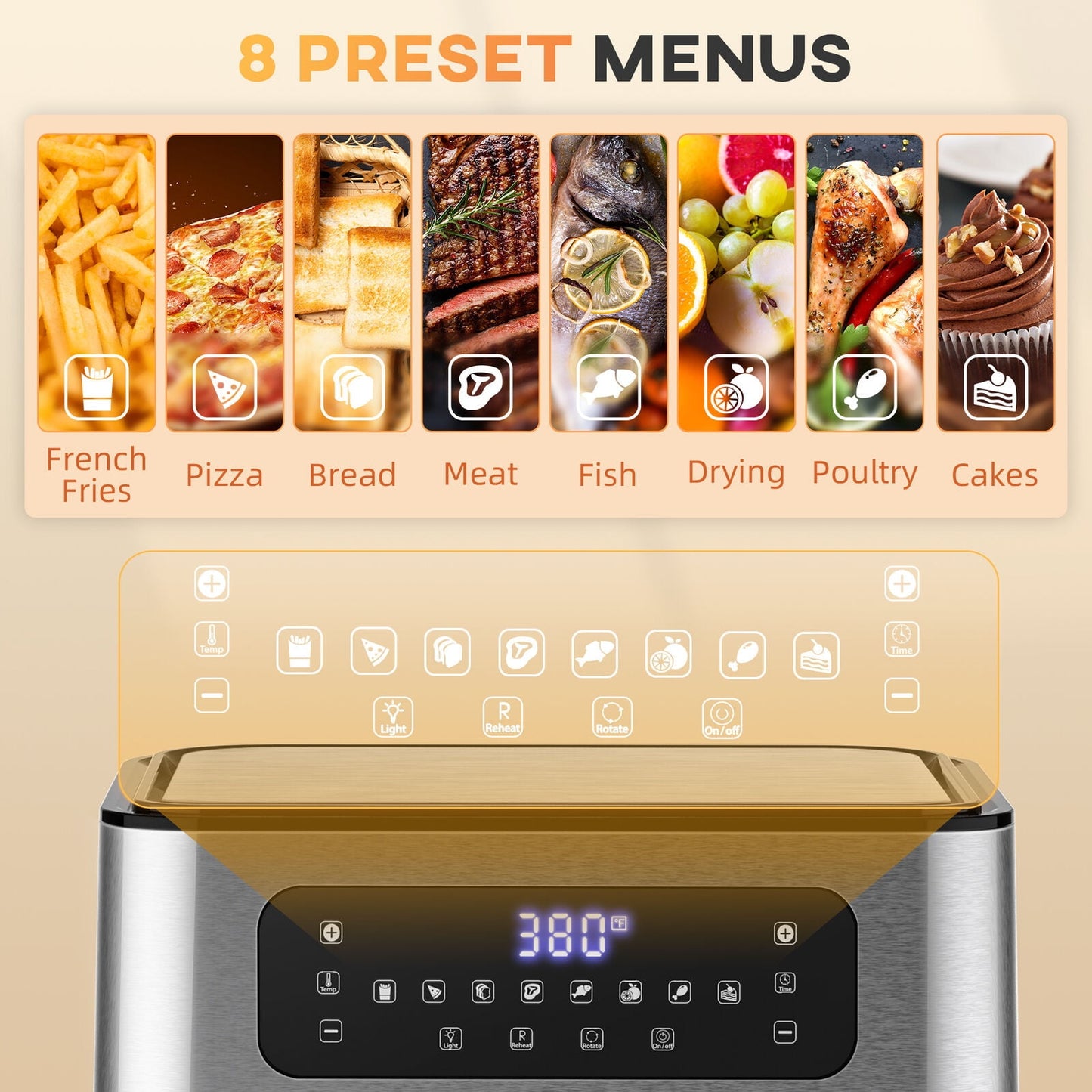 10-Quart Air Fryer, 8 Cooking Modes Functions, Stainless Steel LED Touch Display Countertop Baker Oven