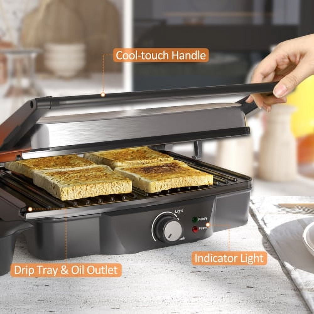 Panini Press Sandwich Maker, ZPL 4 Slice Panini Press Grill, Electric Indoor Grill with Locking Lid, Sandwich Maker with Non-Stick Double Plates, Opens 180 Degrees for Quesadillas, Burgers & More