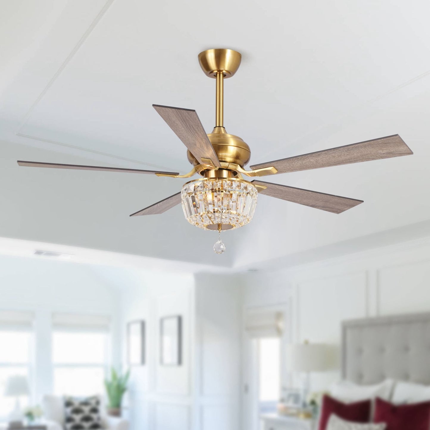 Parrot Uncle 52-inch Wood 5-Blade Crystal LED Ceiling Fan with Remote Weathered Oak Wood