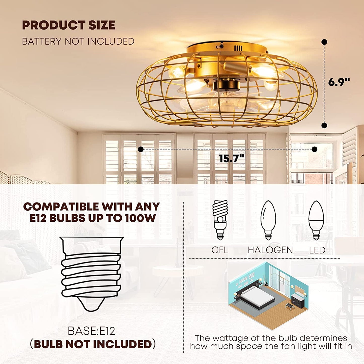 PatioGem 16' Ceiling Fan Light with Remote Control, Industrial Indoor/Outdoor Ceiling Fan Lighting, Gold Flush Mount Ceiling Fan Lights, Cage Ceiling Fan with Remote 6 Speed, Timing