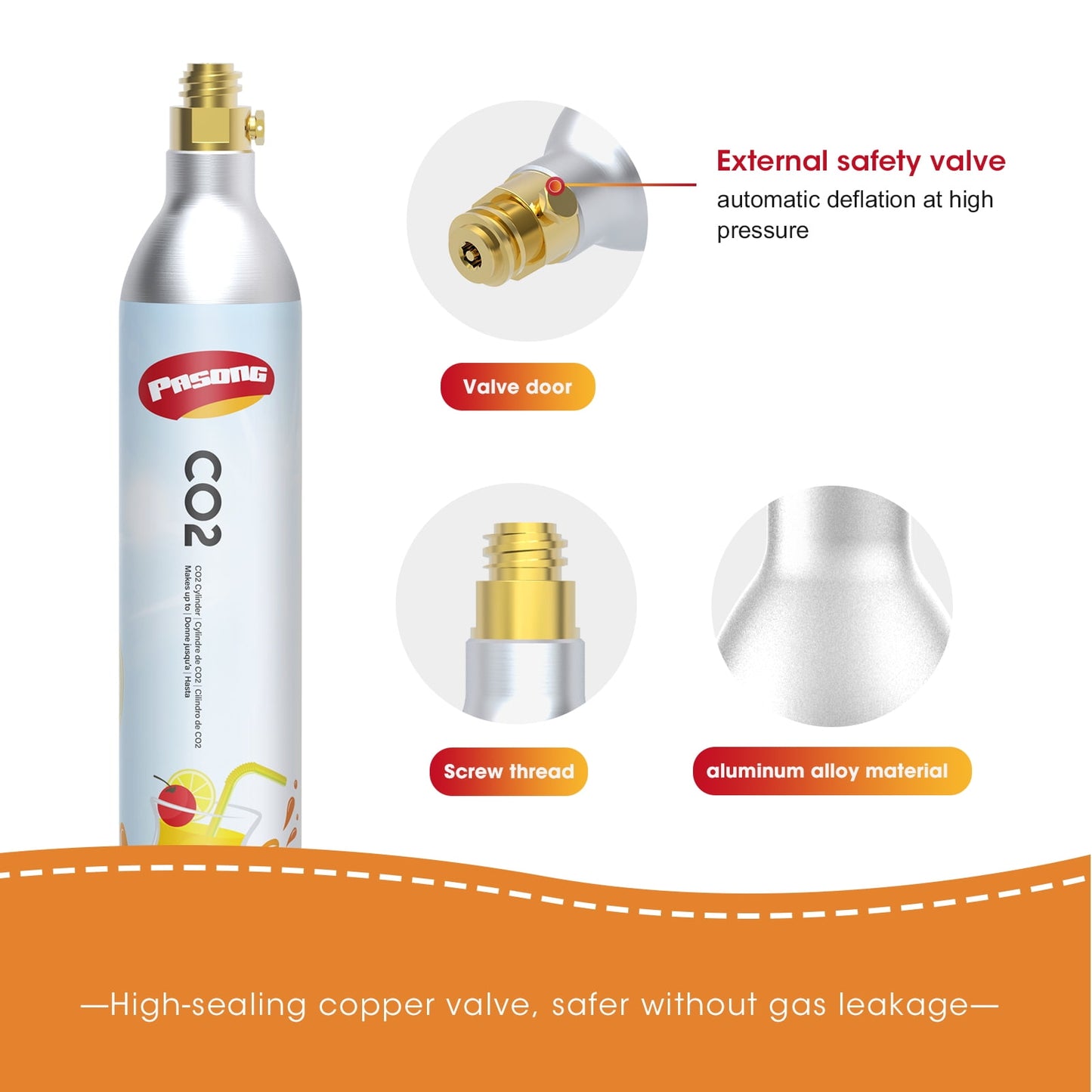 PASONG 60L Co2 Carbonator, 60L co2 Cylinder, Soda co2 Cartridges, 14.5oz, Set of 2