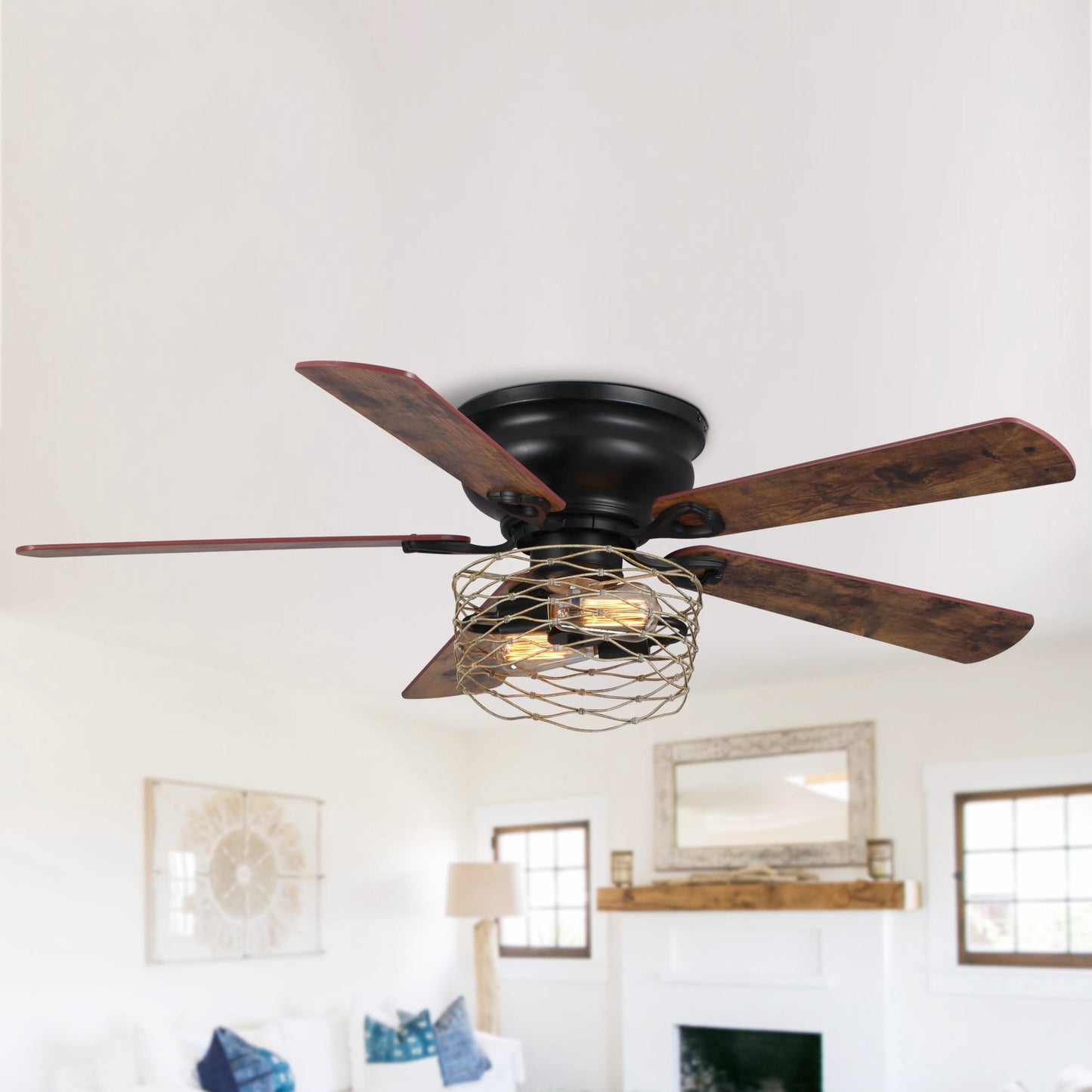 Parrot Uncle Ceiling Fans with Lights and Remote Flush Mount Farmhouse Ceiling Fan with Light, 48 inch Black Ceiling Fan, 2 Bulbs not Included