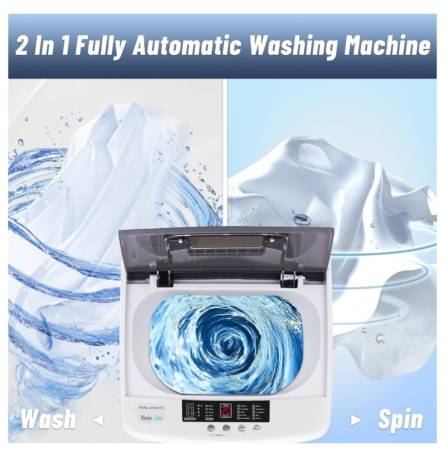 1.34 Cu.Ft Full Automatic Washer and Dryer Combo with Drain Pump, Portable Washing Machine, 10 Wash Program, LED Display, Compact Laundry Washer Spinner for Apartment