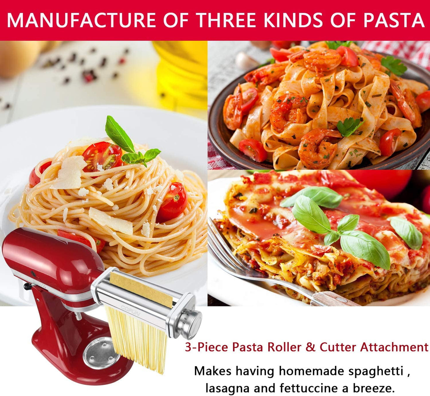 Pasta Attachment for Kitchenaid Stand Mixer,QINBI 3 Piece Pasta Maker Machine with Pasta Roller and Cutter Set for Dough Sheet, Spaghetti and Fettuccine kitchenaid Attachments for Mixer