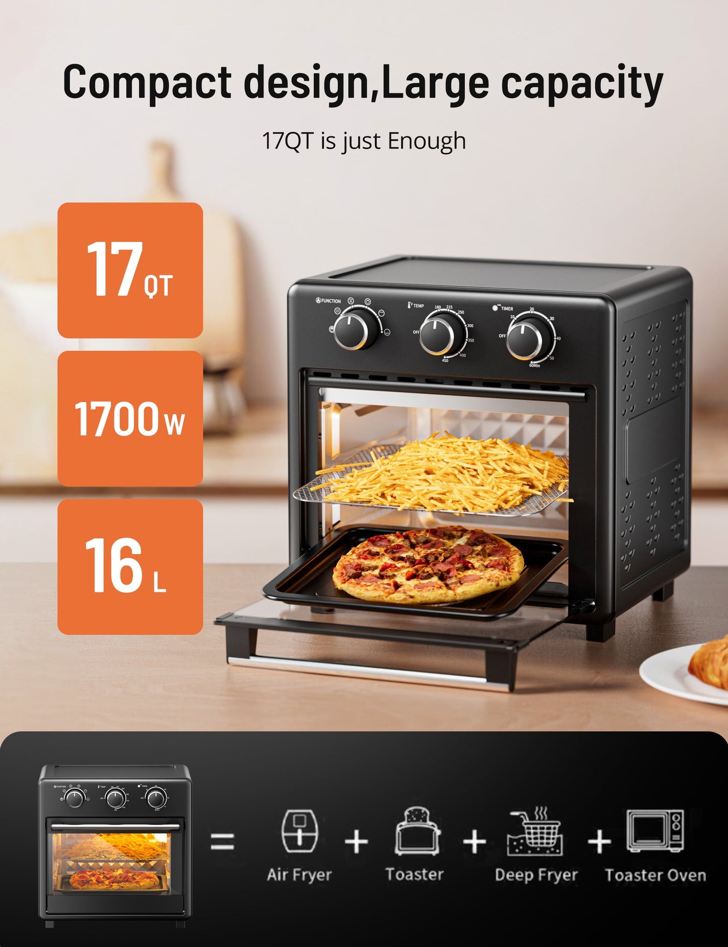 Paris Rhone 17 QT Air Fryer Toaster Oven with Viewing Window,11-in-1 Large Convection oven,Black................