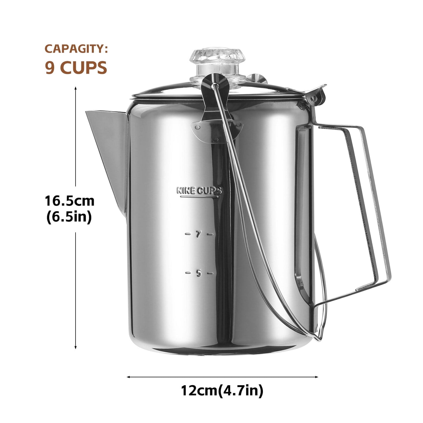 1.2L Outdoor 9 Cup Stainless Steel Percolator Coffee Pot Coffee Maker for Camping Home Kitchen