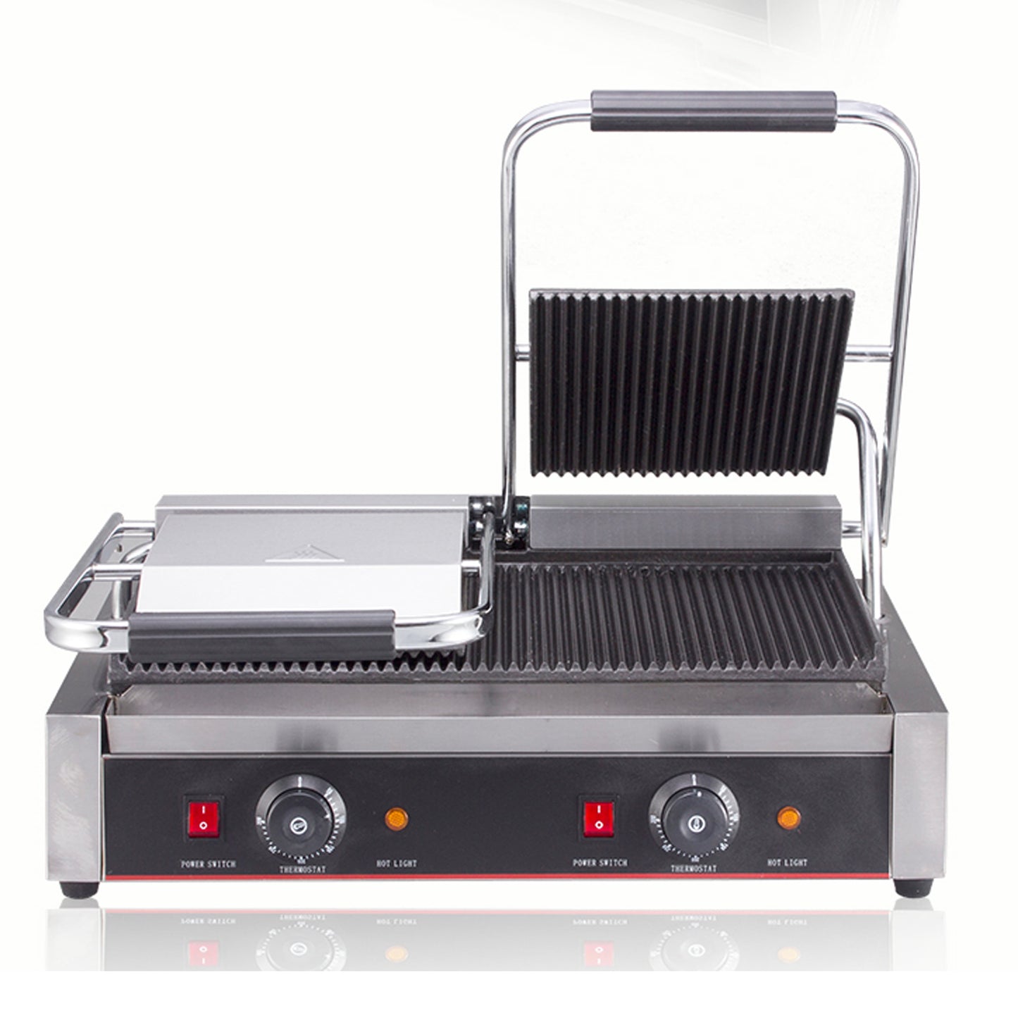 110V Commercial Panini Press with Grooved Grill Sandwich Maker 3600W Machine Electric Gill, Dual Grooved Top