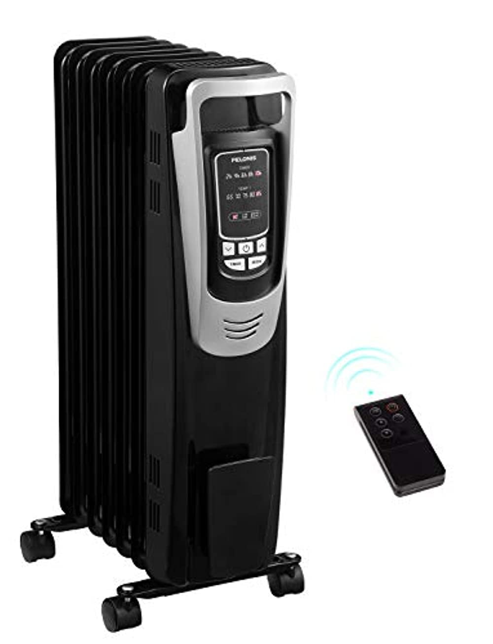 PELONIS Electric, 1500W Portable Oil-Filled Radiator Space Heater with Programmable Thermostat, Remote Control, and 10-Hour Timer for Home&Office, NY1507-14A, Black, 25.59' H x 9.84' D x 14.5' W