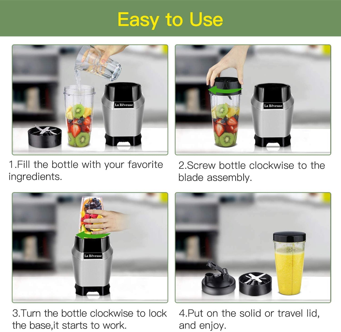 Personal Smoothie Blender 600 Watts BPA-Free Travel Bottle Dishwasher Safe Easy to Use Powerful Smoothie Maker for Shakes, Frozen Drinks, and More