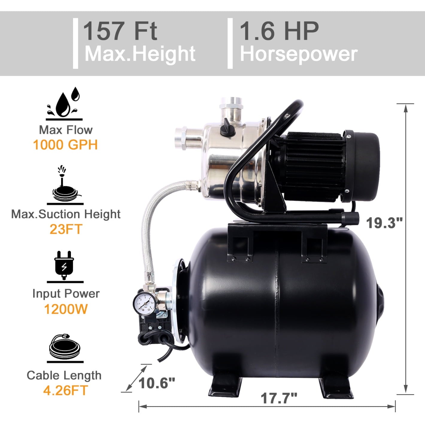 1.6HP Shallow Well Pump with Pressure Tank, Garden Water Pump, Irrigation Pump with Automatic Jet Pump and Stainless Steel Head, Electric Water Pressure Booster Pump for Home Garden (Black)