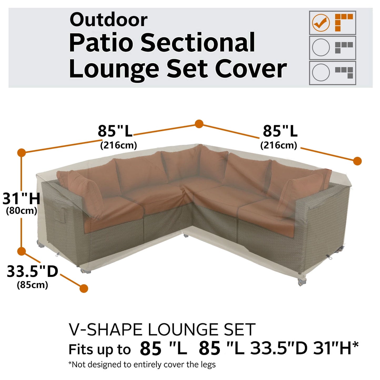 Patio Furniture Cover,Heavy Duty Outdoor Sectional Sofa Cover, 85'X85' V-Shaped 5-Seater Waterproof 600D Patio Sectional Couch Cover, Lawn Patio Furniture Cover,Desert Khaki