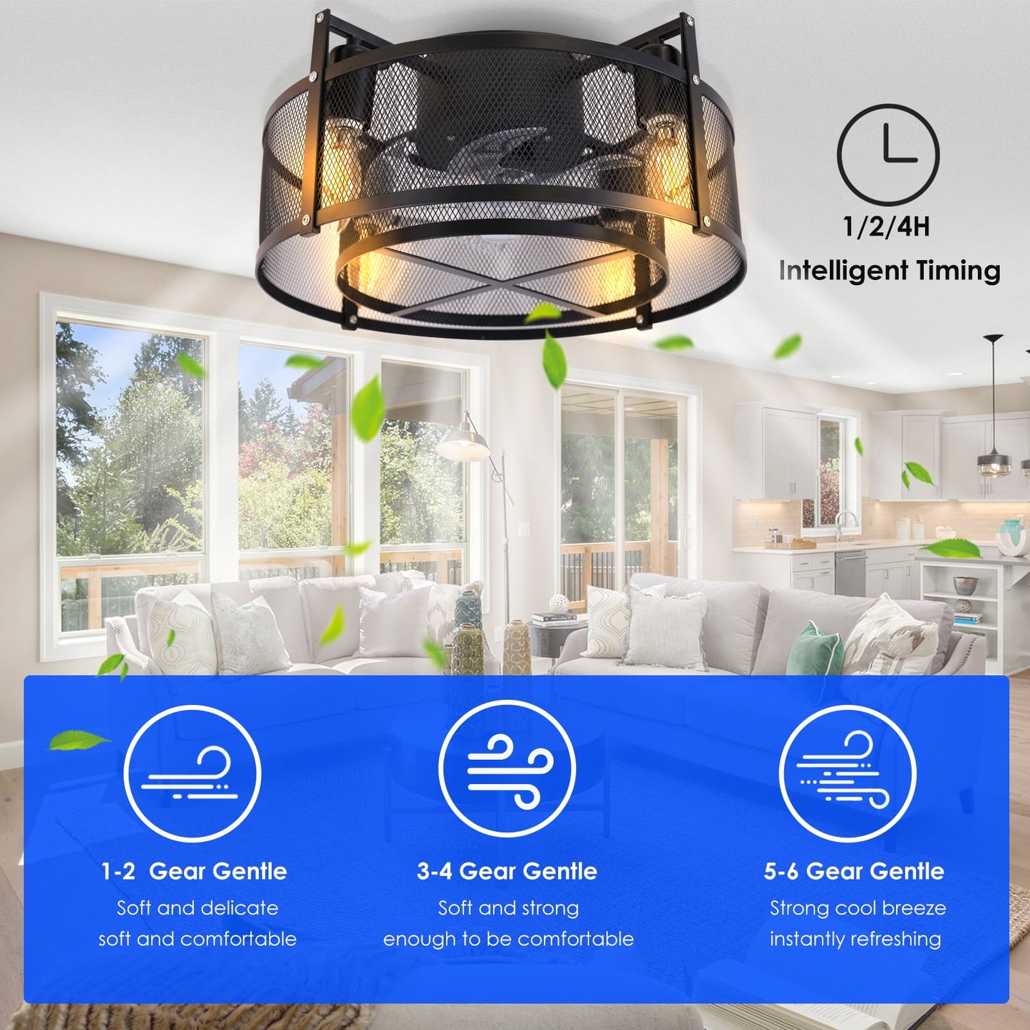 Energetic 16' Industrial Style Caged Ceiling Fan with Lights and Remote Control, 6 Speeds Reversible DC Motor, ETL Listed