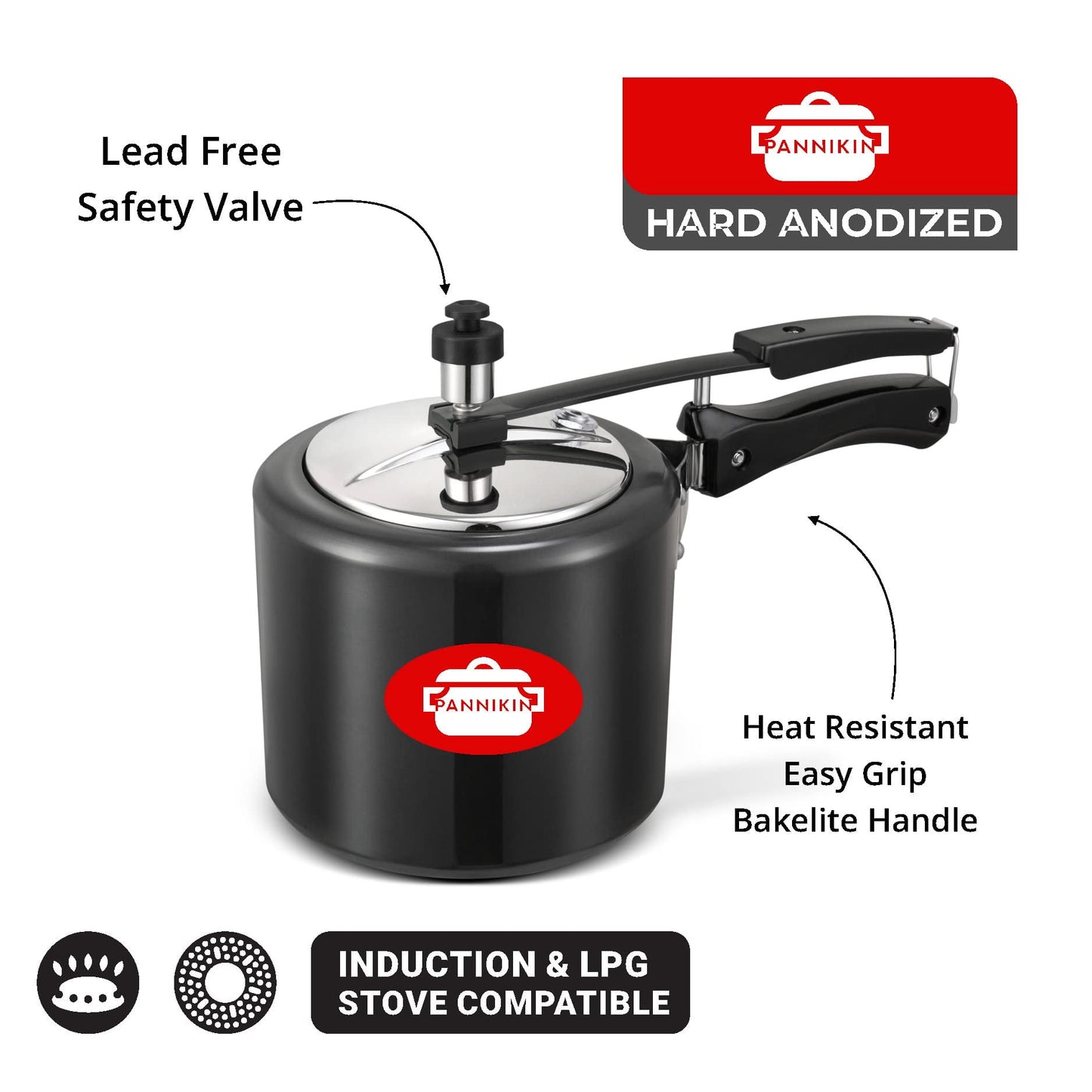 Pannikin Hard Anodised With Induction Base Inner Lid Pressure Cooker 3 Litres (Black)