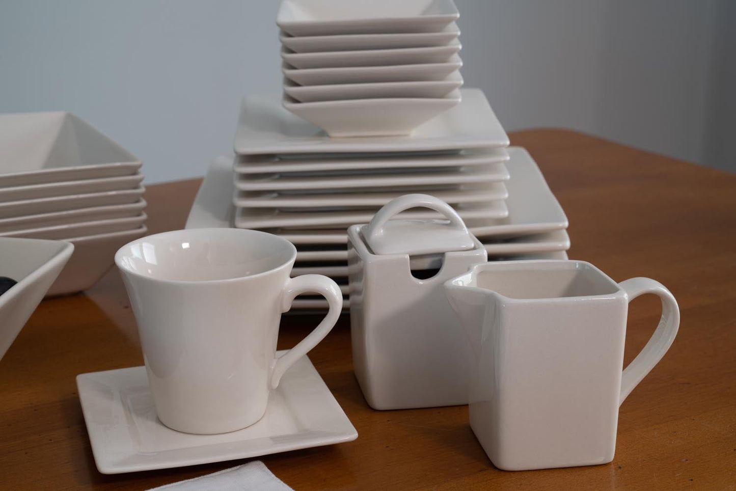 10 Strawberry Street Nova Square 45-Piece Stoneware Dinnerware Set, Cream/White