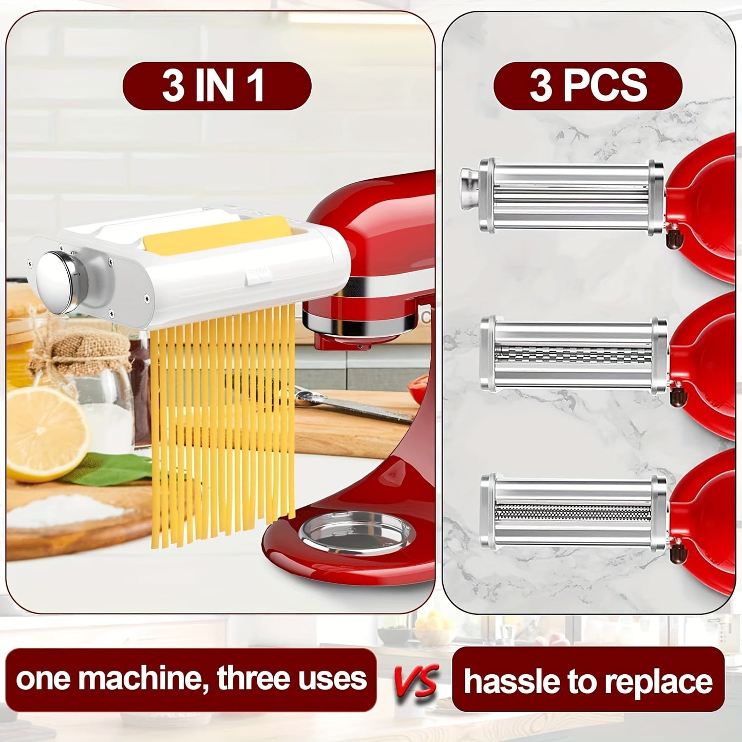 Pasta Maker 3 in 1 Attachment for Stand Mixers, Including Fettuccine and Spaghetti Cutter, Pasta Sheet Roller, Pasta Maker Accessories and Cleaning Brush