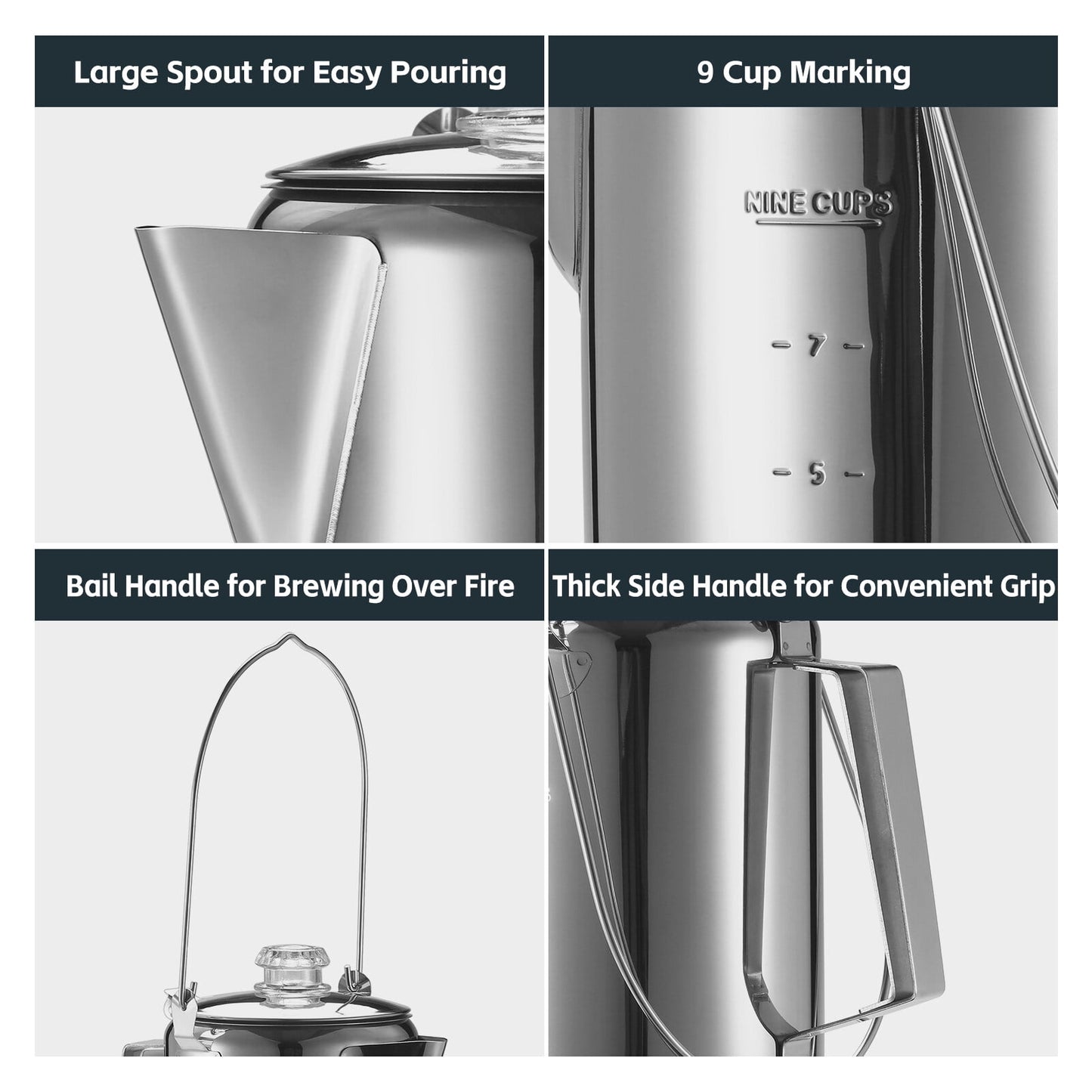 1.2L Outdoor 9 Cup Stainless Steel Percolator Coffee Pot Coffee Maker for Camping Home Kitchen