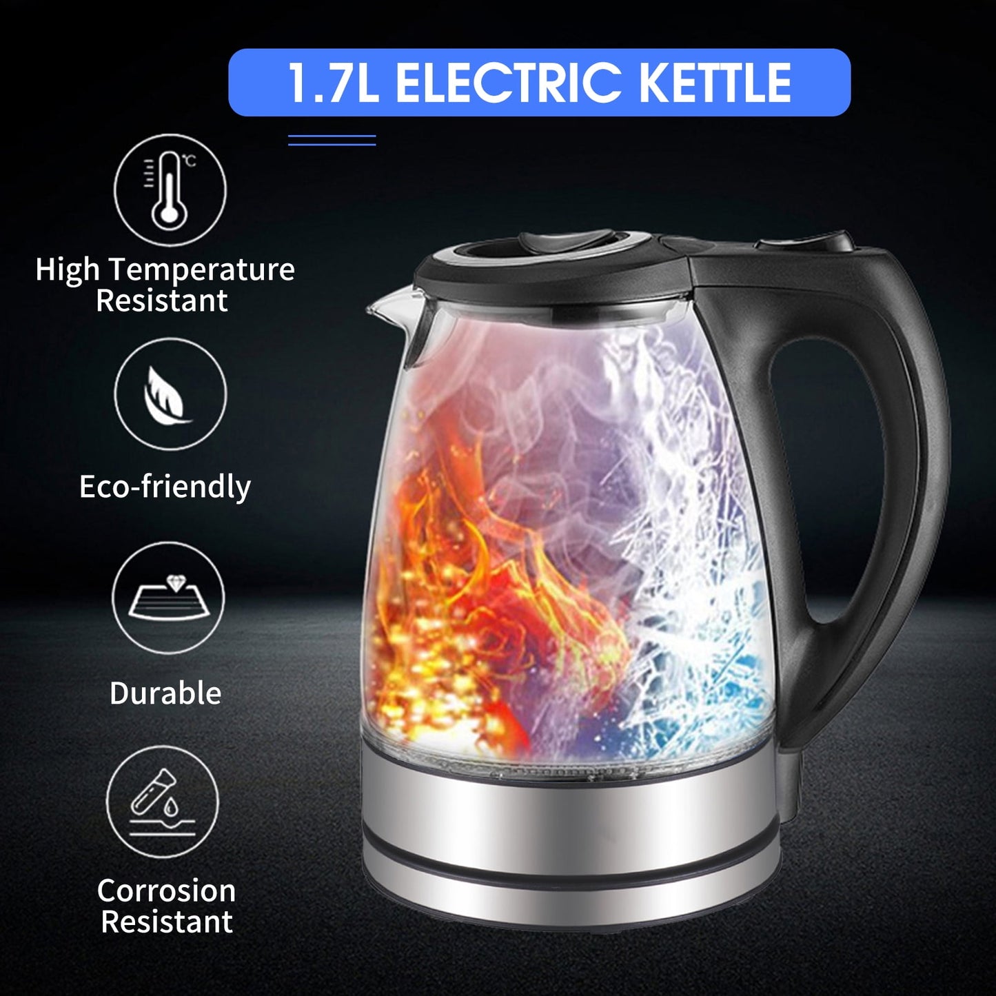 1.7L Electric Kettle 1500W Glass Hot Kettle Fast Heating Electric Tea Kettle Boiler & with Auto Shut-Off