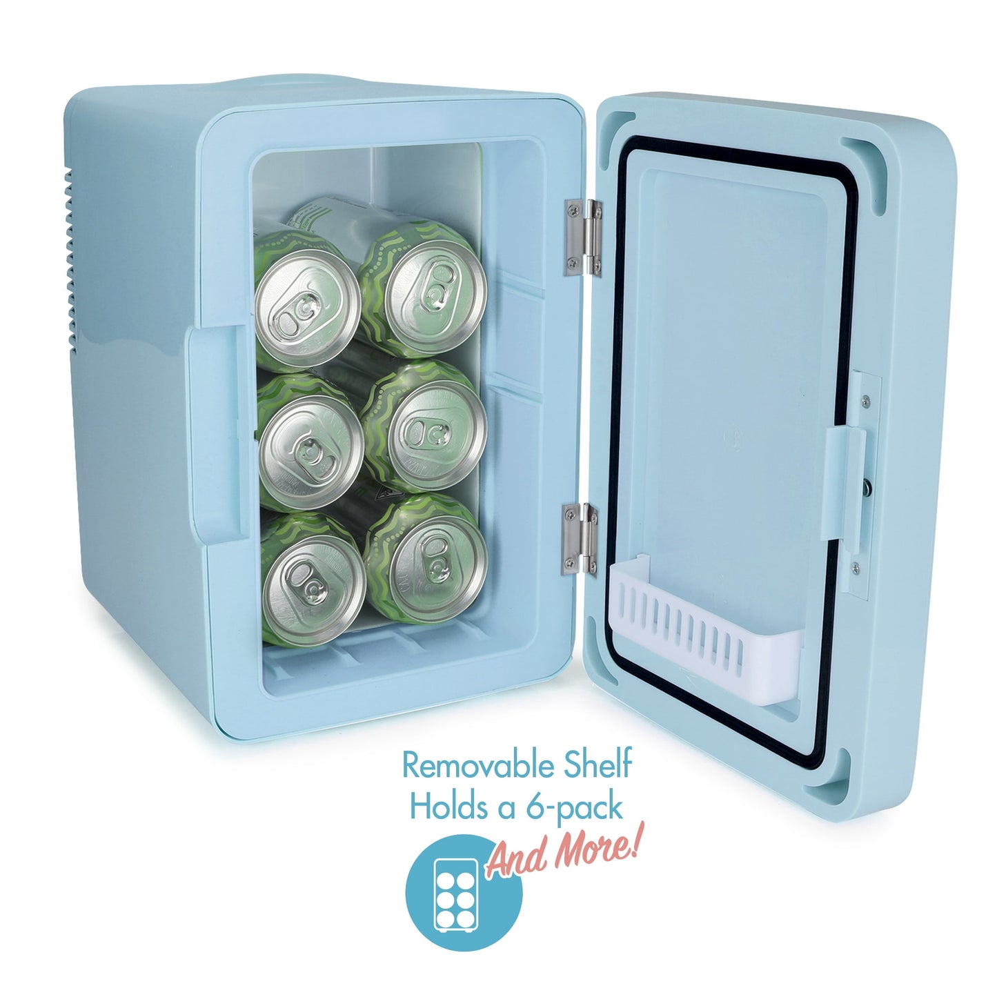 Personal 6 Can Chiller LED Lighted Mini Fridge with Mirror Door, Blue