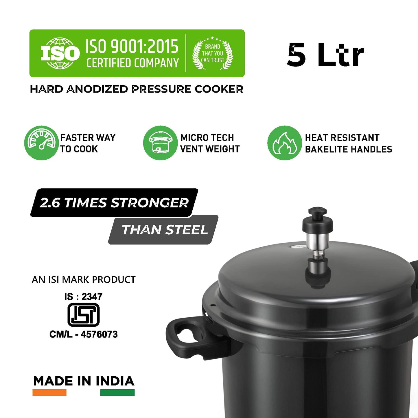 Pannikin Hard Anodised Plus Pressure Cookers With Induction Base (Black) 'Isi And Bis Certified Pressure Cooker' (5 Litre)