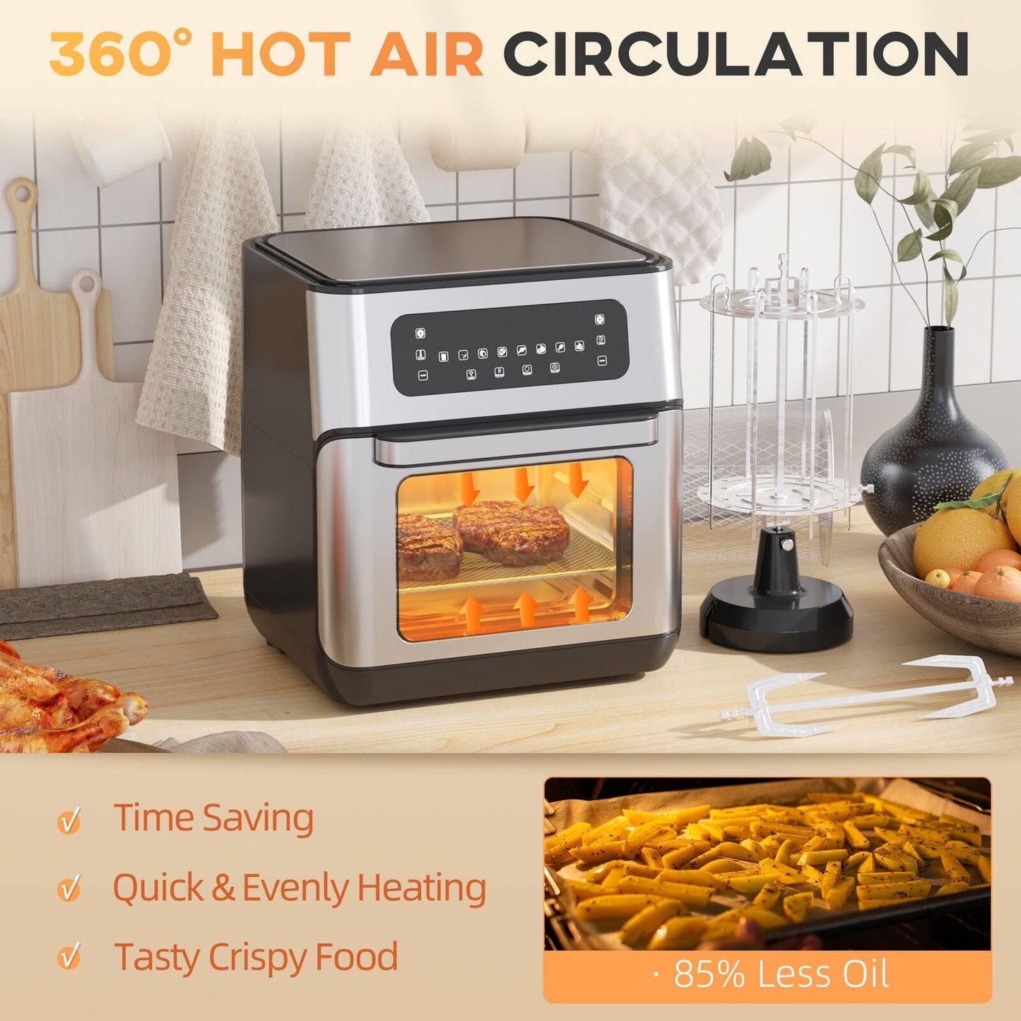 10-Quart Air Fryer, 8 Cooking Modes Functions, Stainless Steel LED Touch Display Countertop Baker Oven