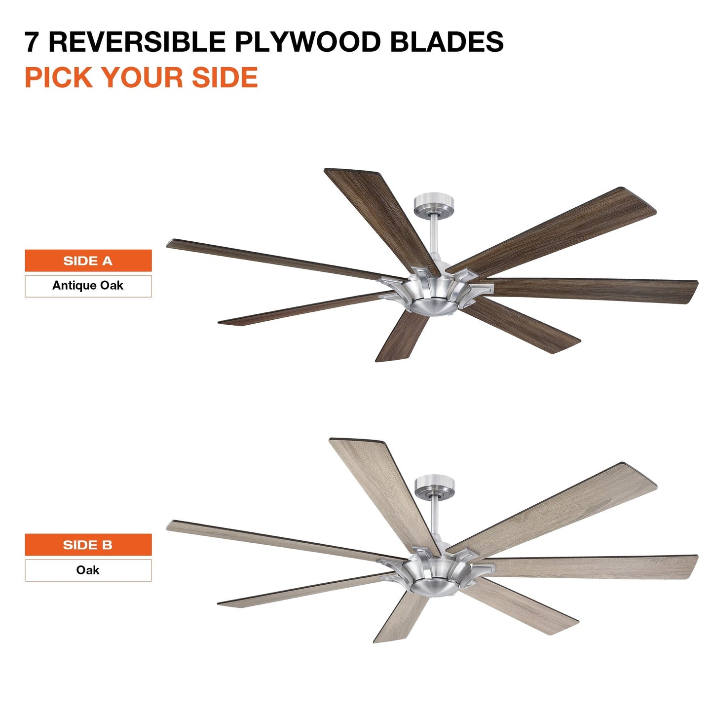 Parrot Uncle 72' Farmhouse Reversible 7-Blade Large Windmill Ceiling Fan without Light Brushed Nickel with Oak/ Antique Oak Blades Nickel Brushed