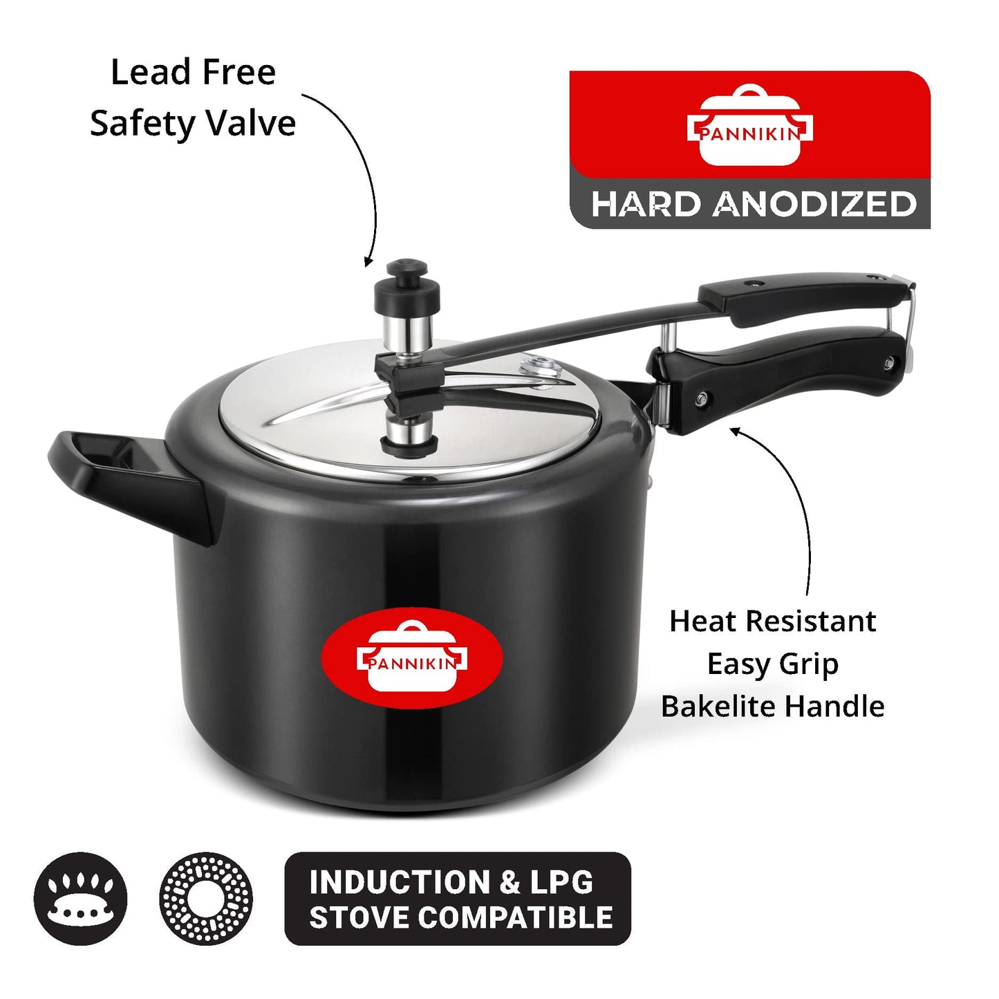 Pannikin Hard Anodised With Induction Base Inner Lid Pressure Cooker 5 Litres (Black)