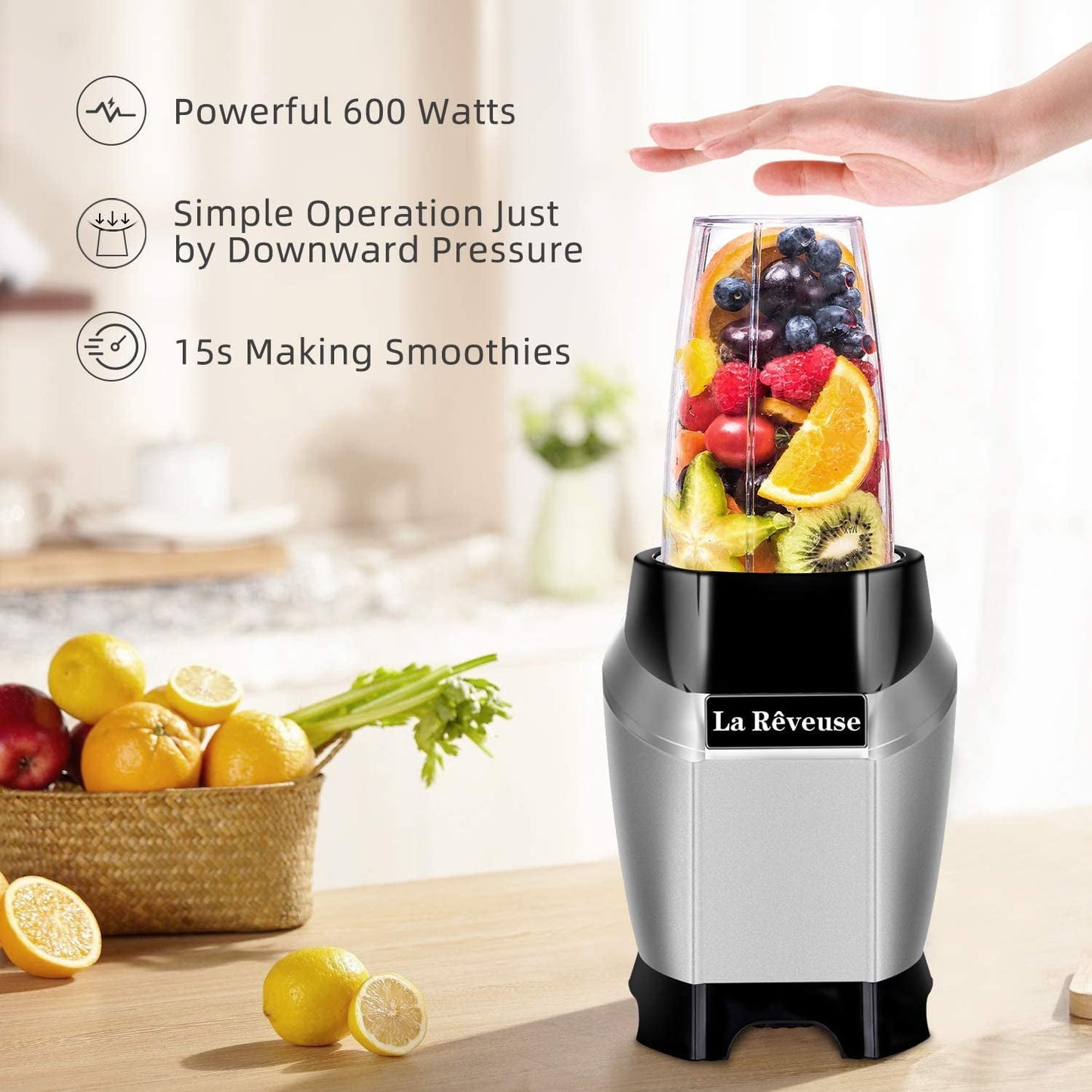 Personal Smoothie Blender 600 Watts BPA-Free Travel Bottle Dishwasher Safe Easy to Use Powerful Smoothie Maker for Shakes, Frozen Drinks, and More