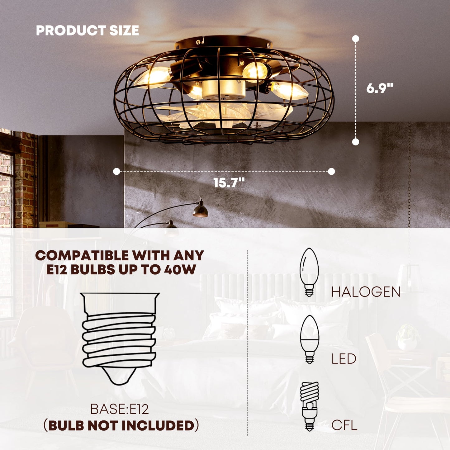 PatioGem 16' Ceiling Fan Light with Remote Control, Industrial Indoor/Outdoor Ceiling Fan Lighting, Matte Black Flush Mount Ceiling Fan Lights, Cage Ceiling Fan with Remote 6 Speed, Timing