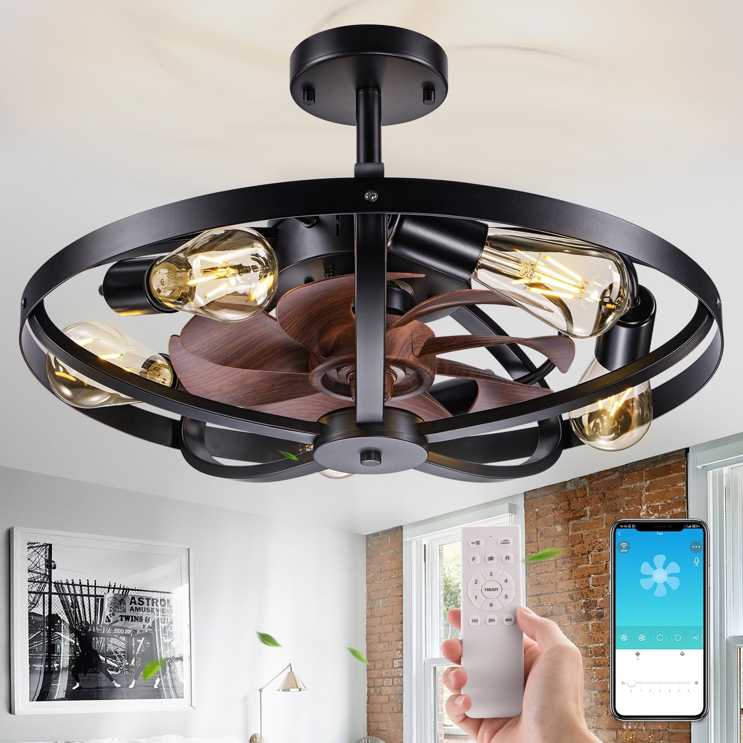 Matte Black Ceiling Fan with Remote Control, 20 inch Industrial Flush Mount Ceiling Fan Light Kit for Yard Bedroom, Living Room, Kitchen, 6 Speeds Adjustable, Timing