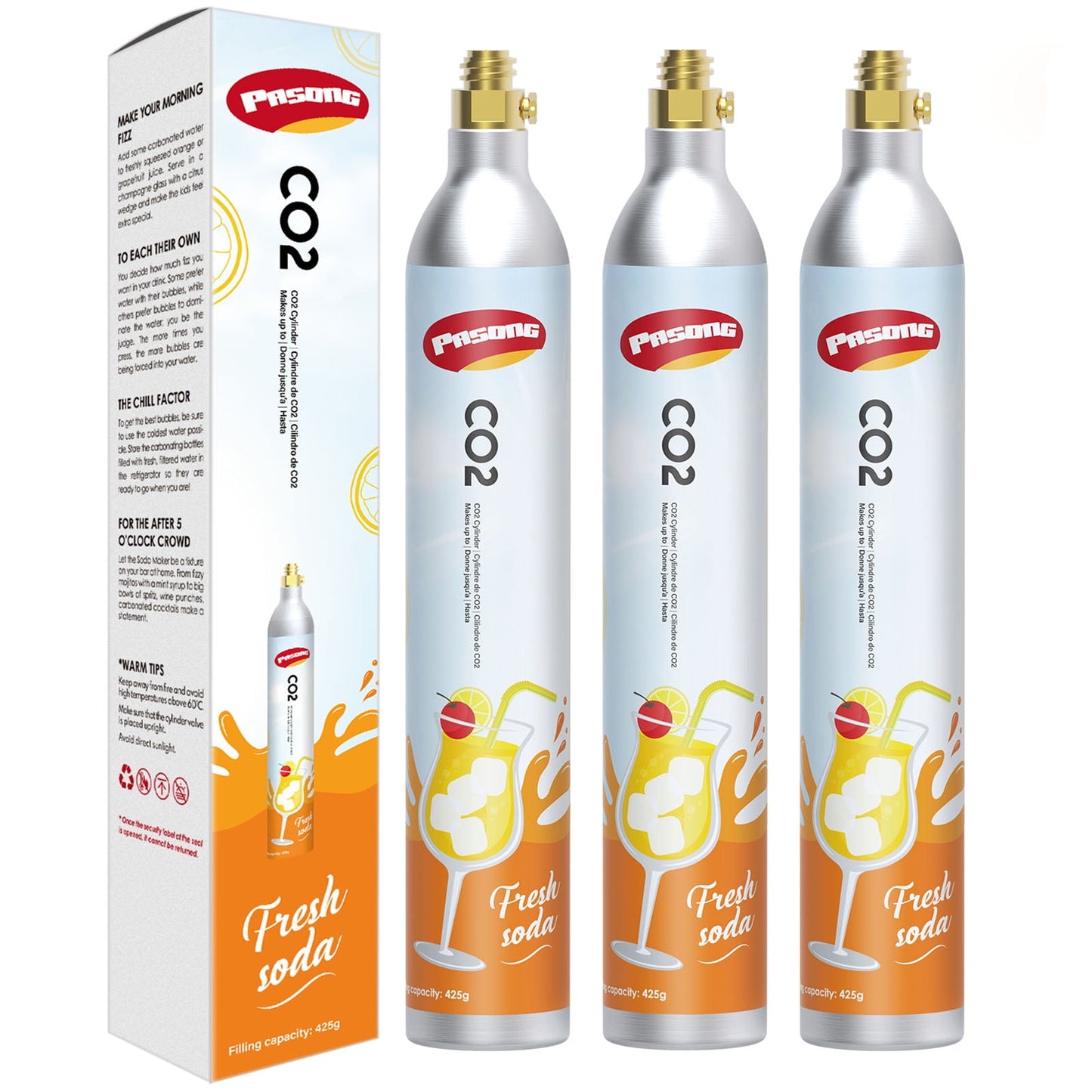 PASONG 60L Co2 Carbonator, 60L co2 Cylinder, Soda co2 Cartridges, 14.5oz, Set of 3