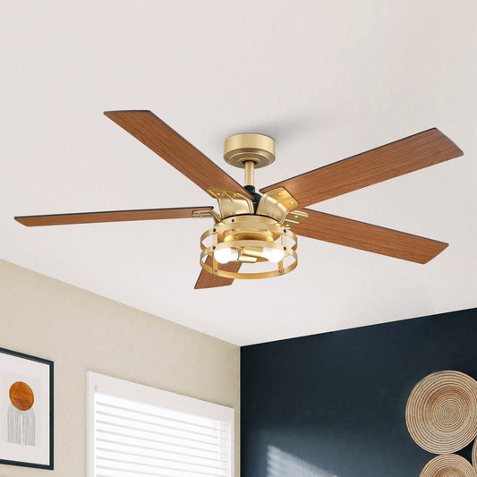 Parrot Uncle 52' Industrial Reversible 5-Blade LED Ceiling Fan with Remote Gold with Driftwood/Cherry Gold Painted