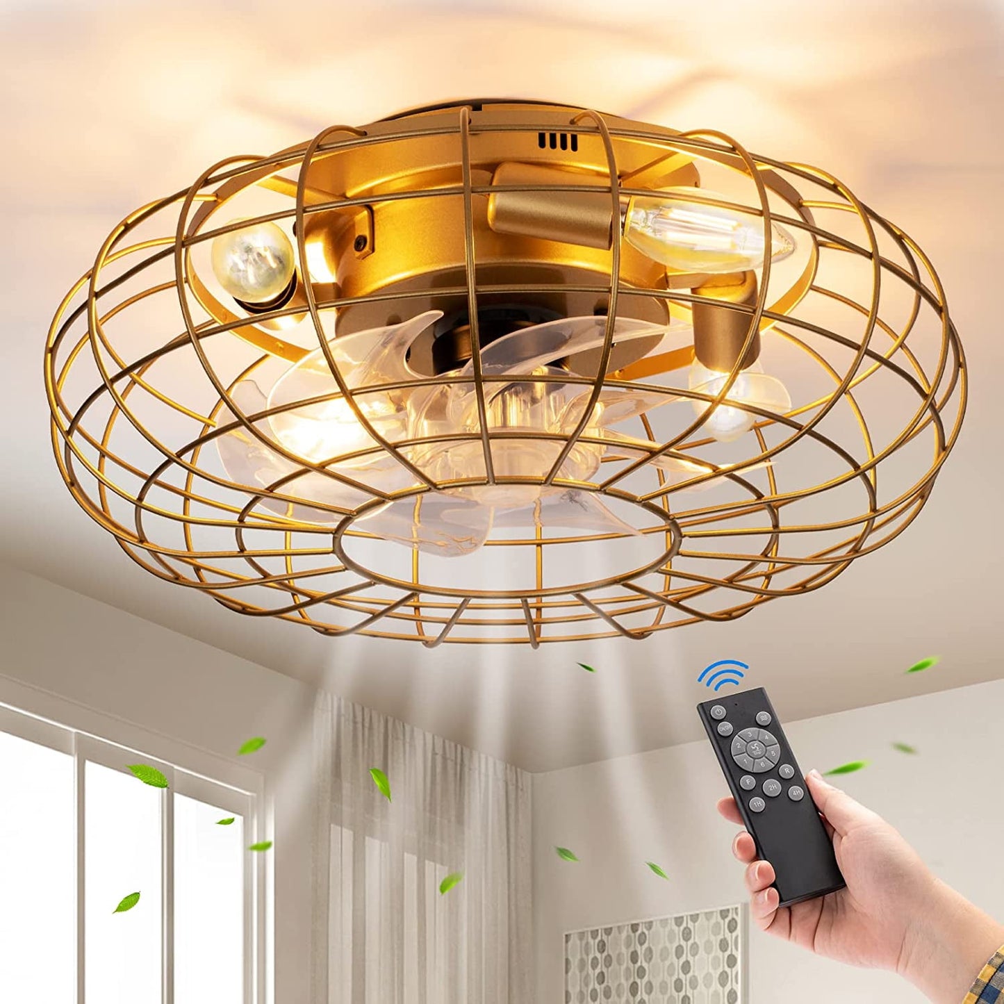 PatioGem 16' Ceiling Fan Light with Remote Control, Industrial Indoor/Outdoor Ceiling Fan Lighting, Gold Flush Mount Ceiling Fan Lights, Cage Ceiling Fan with Remote 6 Speed, Timing