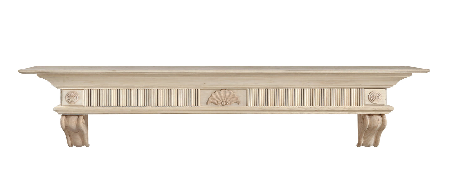 Pearl Mantels Devonshire Traditional Premium Wood Mantel Shelf, Unfinished, Paint And Stain Grade, 60'L & 9'D, Versatile Hanging Choices, With Or Without Corbels (Included)