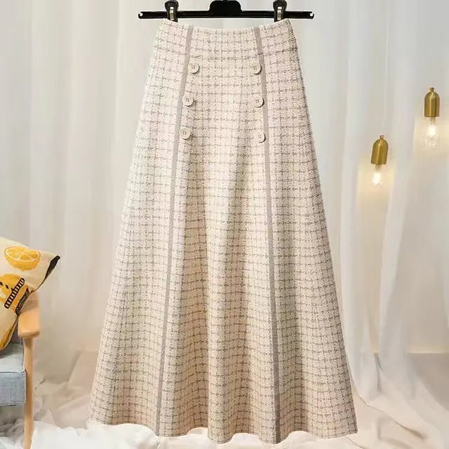 Plaid button knitted skirt women autumn and winter fashion new high waist mid-length large swing a-line skirt