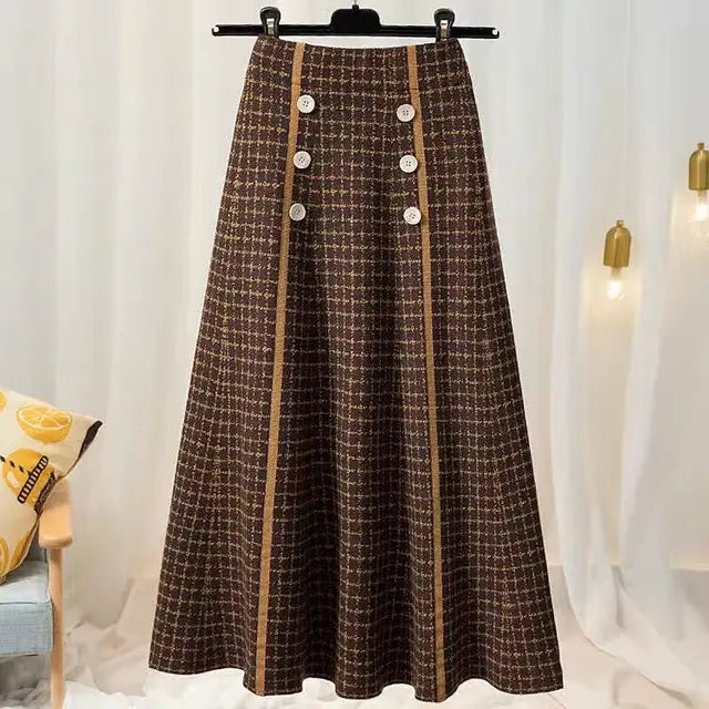 Plaid button knitted skirt women autumn and winter fashion new high waist mid-length large swing a-line skirt