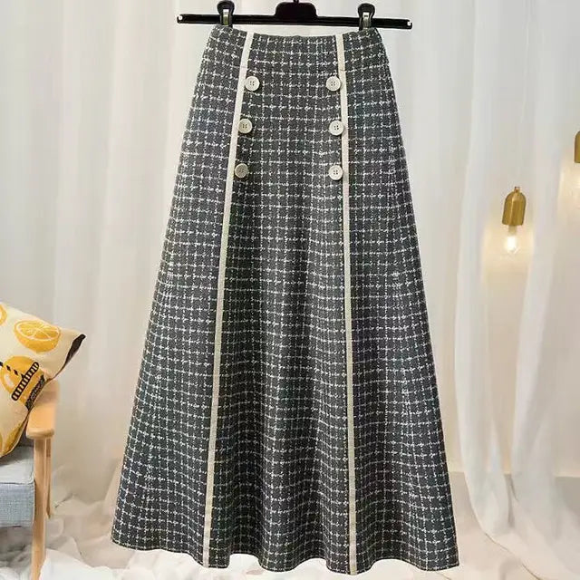 Plaid button knitted skirt women autumn and winter fashion new high waist mid-length large swing a-line skirt