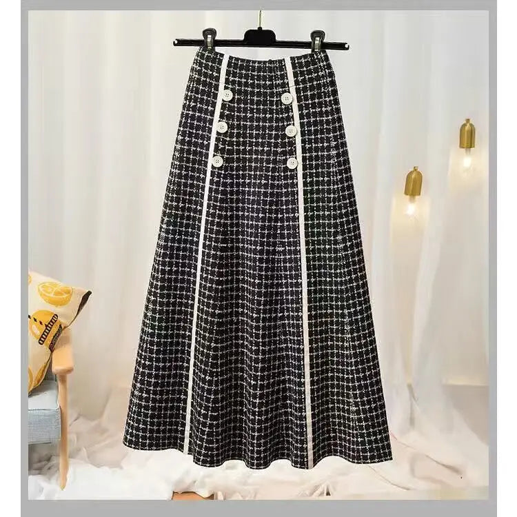 Plaid button knitted skirt women autumn and winter fashion new high waist mid-length large swing a-line skirt