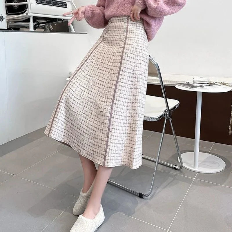 Plaid button knitted skirt women autumn and winter fashion new high waist mid-length large swing a-line skirt